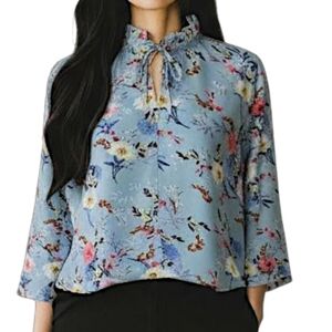 Simply Noelle Blue Floral Spring Long Sleeve Ruffle Blouse Women's Size S/M